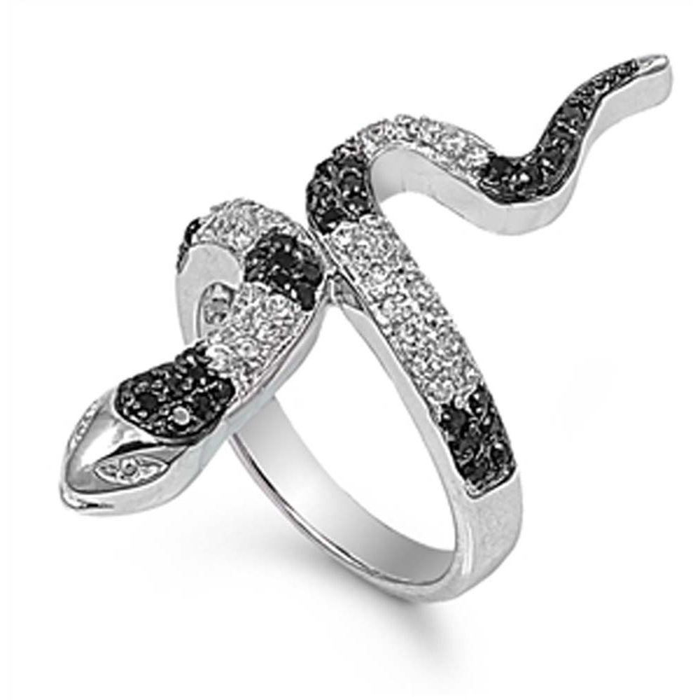 Sterling Silver Snake With Black And Cubic Zirconia Ring