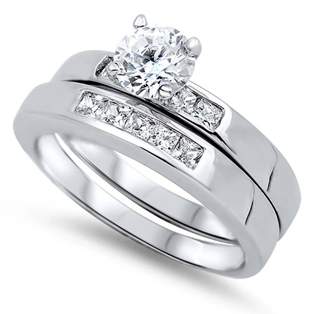 Sterling Silver Channel Set Princess Cut Clear CZ 2 Piece Fancy Engagement Ring Set with 4 Prong Set Round Clear CZ in the CenterAnd Ring Face Height of 7MM and Ring Band Width of 3MM