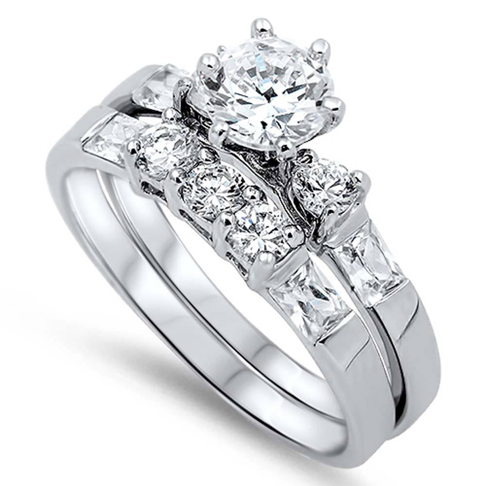 Sterling Silver Round and Emerald Cut Clear CZ 2 Piece Engagement Ring Set with 6 Prong Set Round Clear CZ in the CenterAnd Ring Face Height of 7MM and Ring Band Width of 3MM