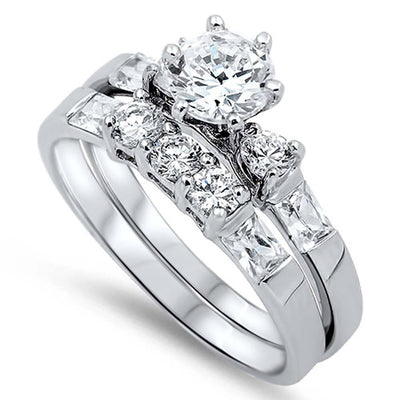 Sterling Silver Round and Emerald Cut Clear CZ 2 Piece Engagement Ring Set with 6 Prong Set Round Clear CZ in the CenterAnd Ring Face Height of 7MM and Ring Band Width of 3MM