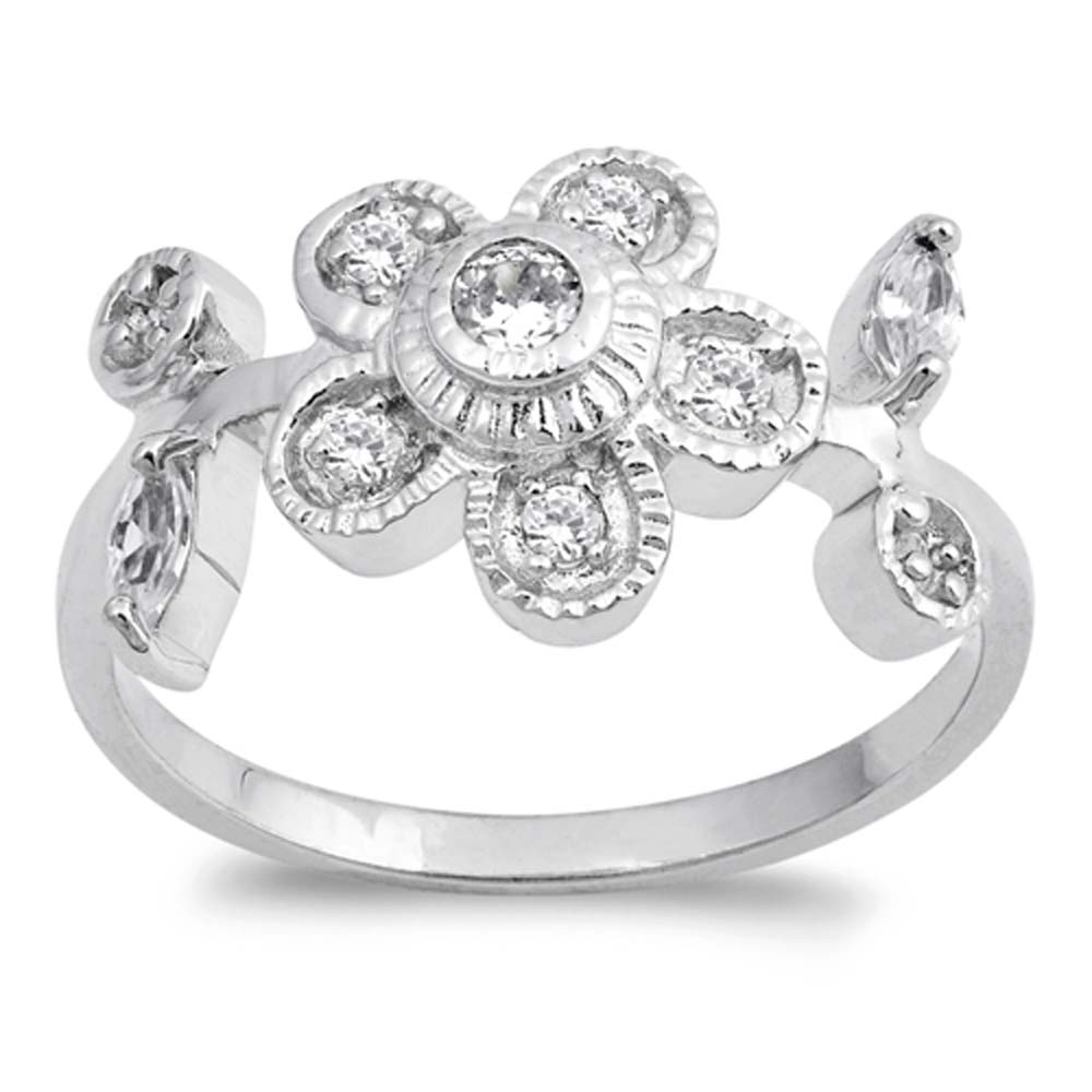 Sterling Silver Flower Shaped Clear CZ RingAnd Face Height 9mmAnd Band Width 3mm