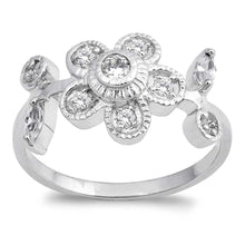 Load image into Gallery viewer, Sterling Silver Flower Shaped Clear CZ RingAnd Face Height 9mmAnd Band Width 3mm