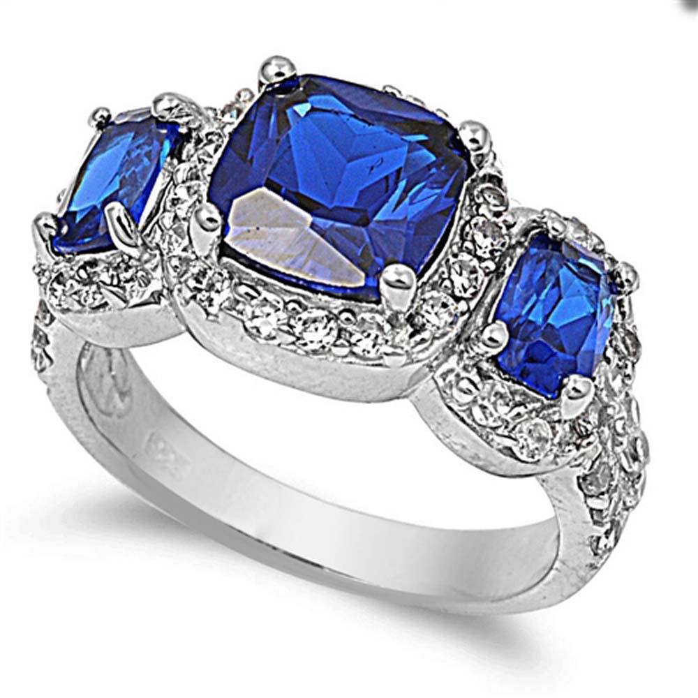 Sterling Silver Three Stones Blue Sapphire Square Shaped Clear CZ RingAnd Face Height 11mm