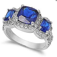 Load image into Gallery viewer, Sterling Silver Three Stones Blue Sapphire Square Shaped Clear CZ RingAnd Face Height 11mm