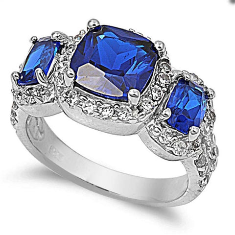Sterling Silver Three Stones Blue Sapphire Square Shaped Clear CZ RingAnd Face Height 11mm