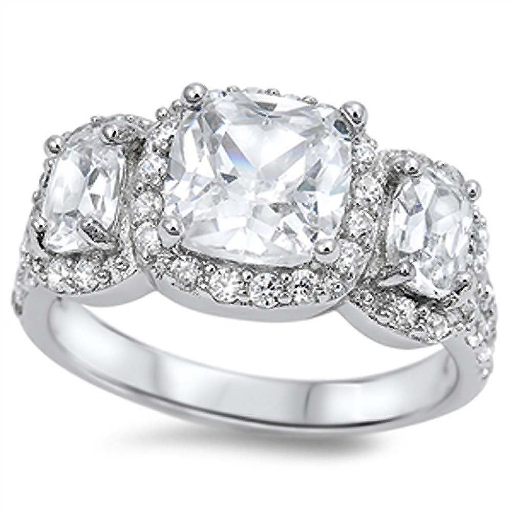 Sterling Silver Three Stones Square Shaped Clear CZ RingAnd Face Height 11mm