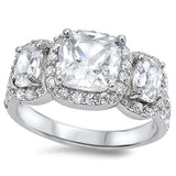 Sterling Silver Three Stones Square Shaped Clear CZ RingAnd Face Height 11mm