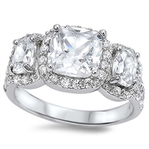 Sterling Silver Three Stones Square Shaped Clear CZ RingAnd Face Height 11mm