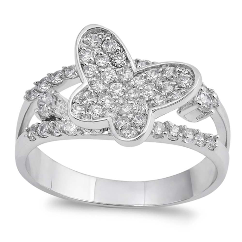 Sterling Silver Butterfly Shaped Clear CZ RingAnd Face Height 12mmAnd Band Width 3mm