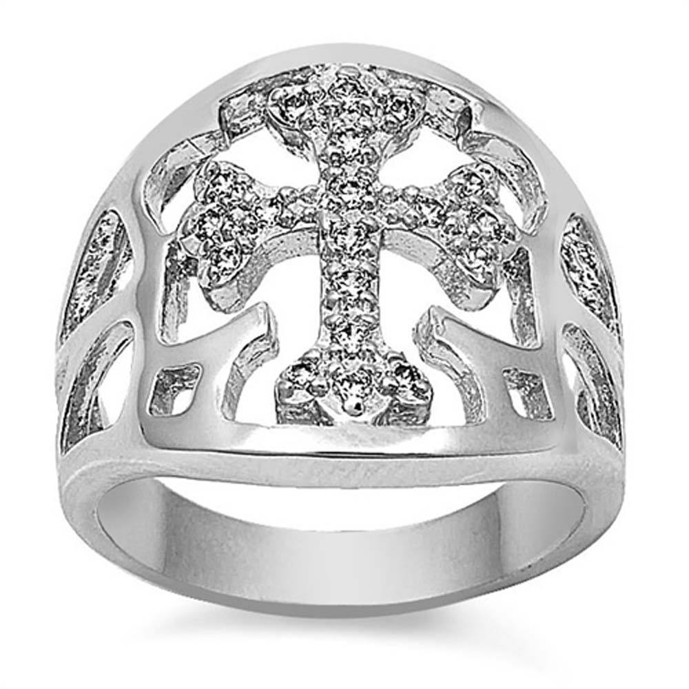 Sterling Silver Cross Shaped Clear CZ RingAnd Face Height 12mmAnd Band Width 3mm