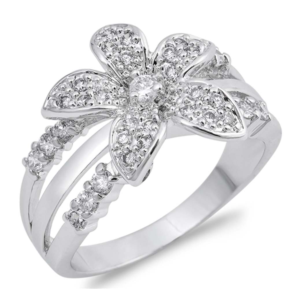 Sterling Silver Plumeria Shaped Clear CZ RingAnd Face Height 13mmAnd Band Width 2mm
