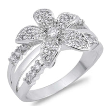 Load image into Gallery viewer, Sterling Silver Plumeria Shaped Clear CZ RingAnd Face Height 13mmAnd Band Width 2mm