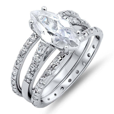 Sterling Silver Clear CZ 3 Piece Engagement Ring Set with a 4 Prong Set Marquise Cut Clear CZ in the CenterAnd Ring Face Height of 12MM and Ring Band Width of 2MM