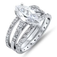 Sterling Silver Clear CZ 3 Piece Engagement Ring Set with a 4 Prong Set Marquise Cut Clear CZ in the CenterAnd Ring Face Height of 12MM and Ring Band Width of 2MM