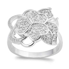 Load image into Gallery viewer, Sterling Silver Plumeria Heart Shaped Clear CZ RingAnd Face Height 13mmAnd Band Width 3mm