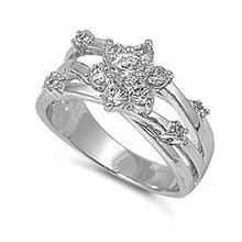 Load image into Gallery viewer, Sterling Silver Plumeria Shaped Clear CZ RingAnd Face Height 10mmAnd Band Width 3mm