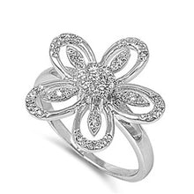 Load image into Gallery viewer, Sterling Silver Plumeria Shaped Clear CZ RingAnd Face Height 12mmAnd Band Width 3mm