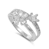 Sterling Silver Plumeria And Star Shaped Clear CZ RingAnd Face Height 10mmAnd Band Width 3mm