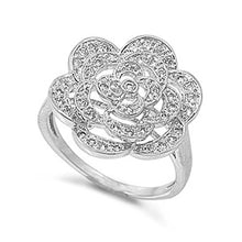 Load image into Gallery viewer, Sterling Silver Plumeria Shaped Clear CZ RingAnd Face Height 18mmAnd Band Width 2mm