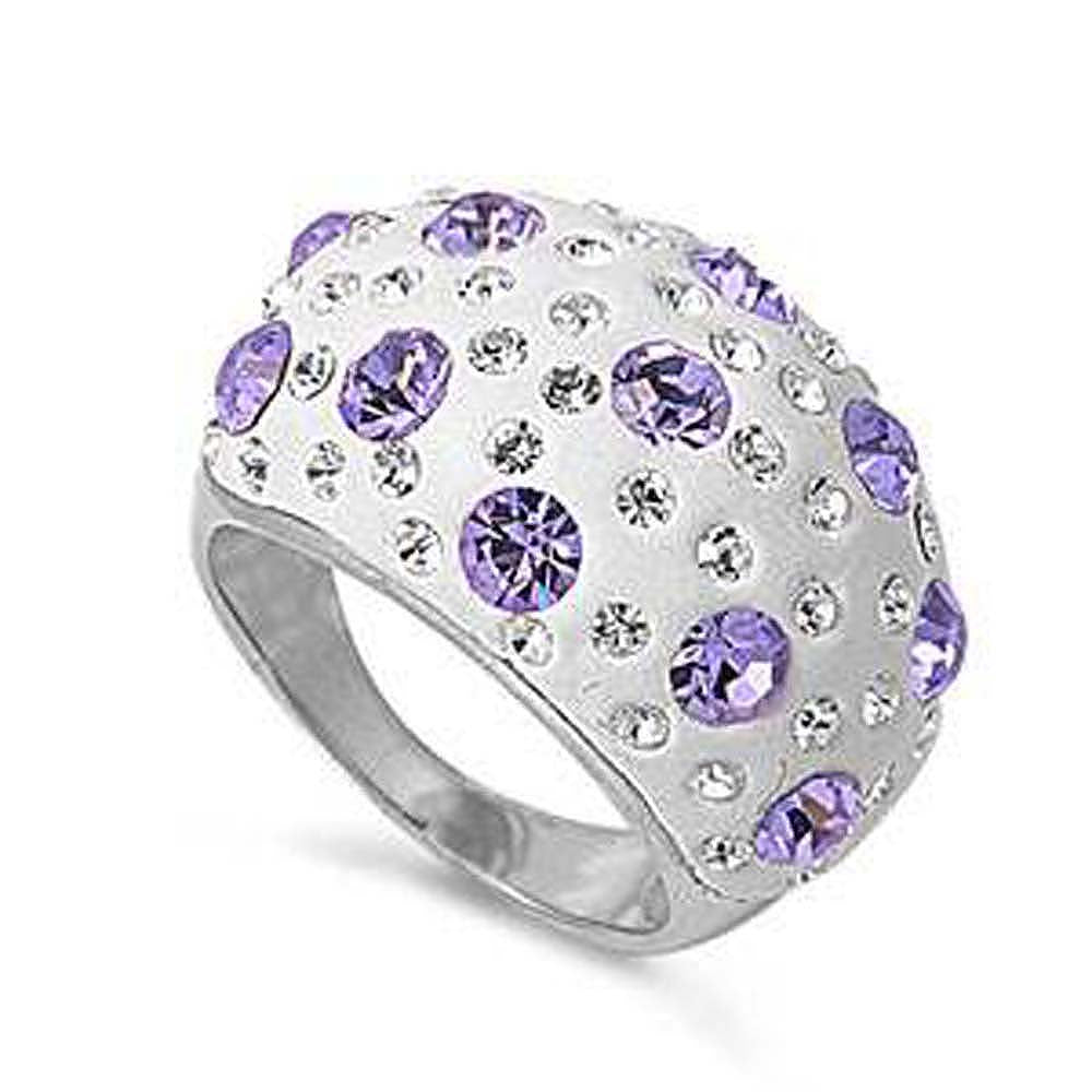 Sterling Silver Dome Shaped Lavender And Clear CZ RingAnd Face Height 13mmAnd Band Width 3mm