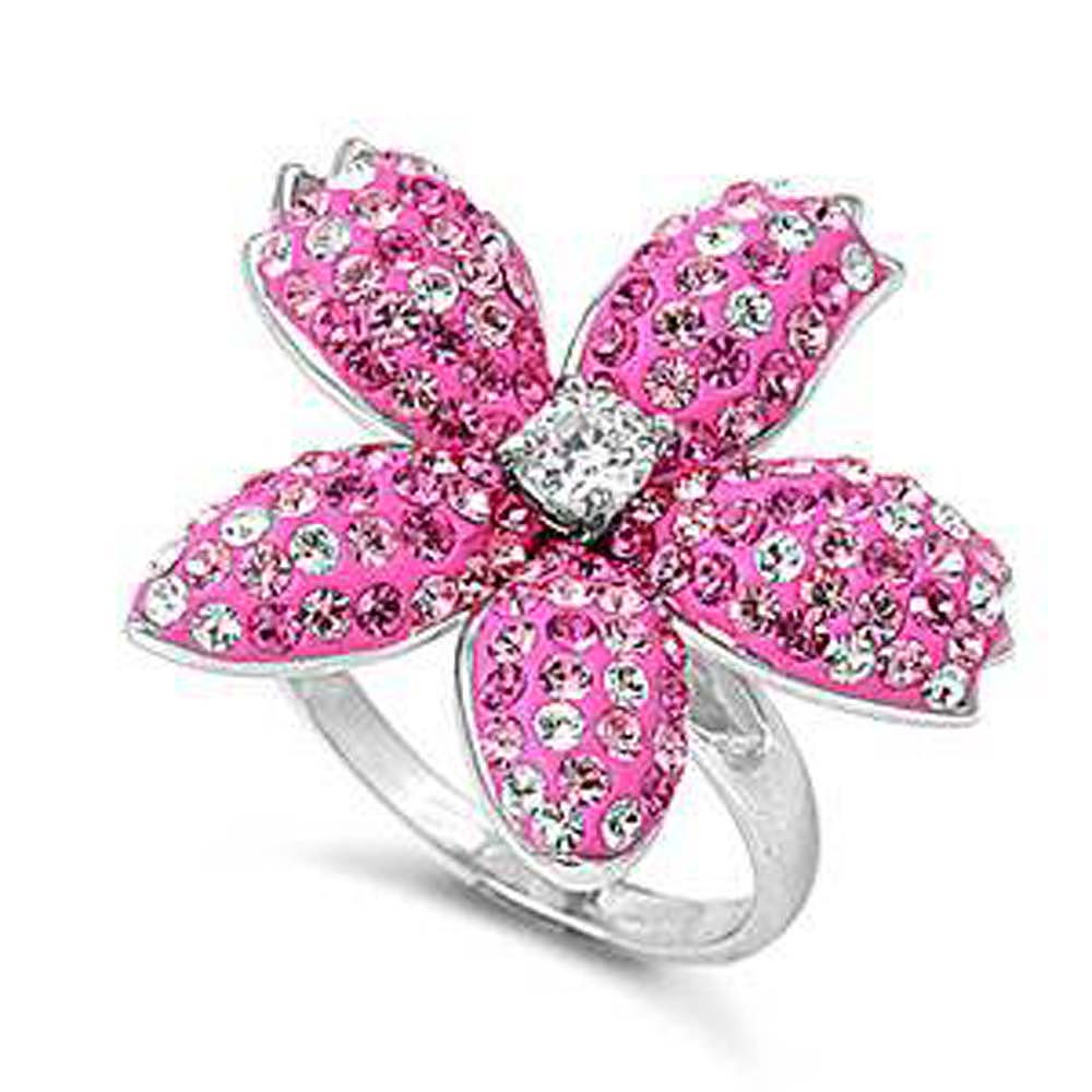 Sterling Silver Pink Flower Shaped Clear CZ RingAnd Face Height 19mmAnd Band Width 3mm