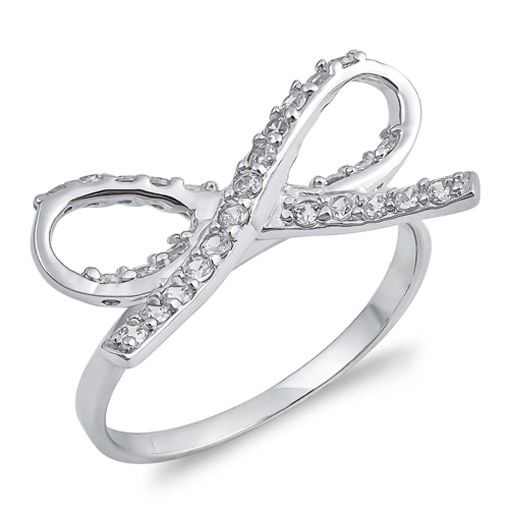 Sterling Silver Ribbon Shaped Clear CZ RingAnd Face Height 8mmAnd Band Width 2mm