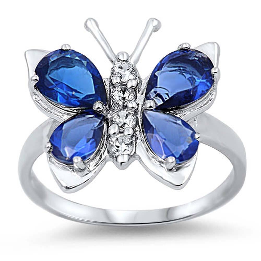 Sterling Silver Blue Sapphire Butterfly Shaped Clear CZ Ring, Face Height 7mm