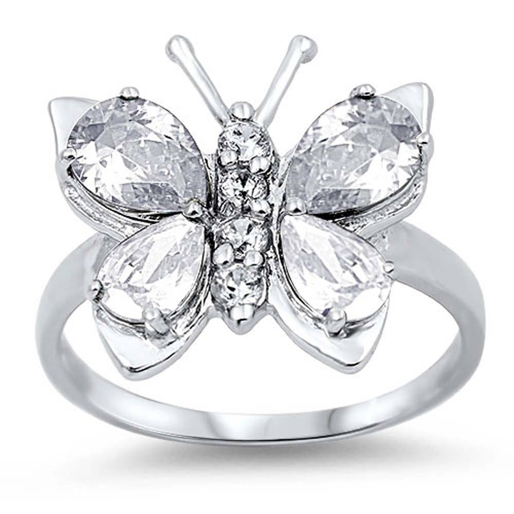 Sterling Silver Butterfly Shaped Clear CZ Ring, Face Height 7mm