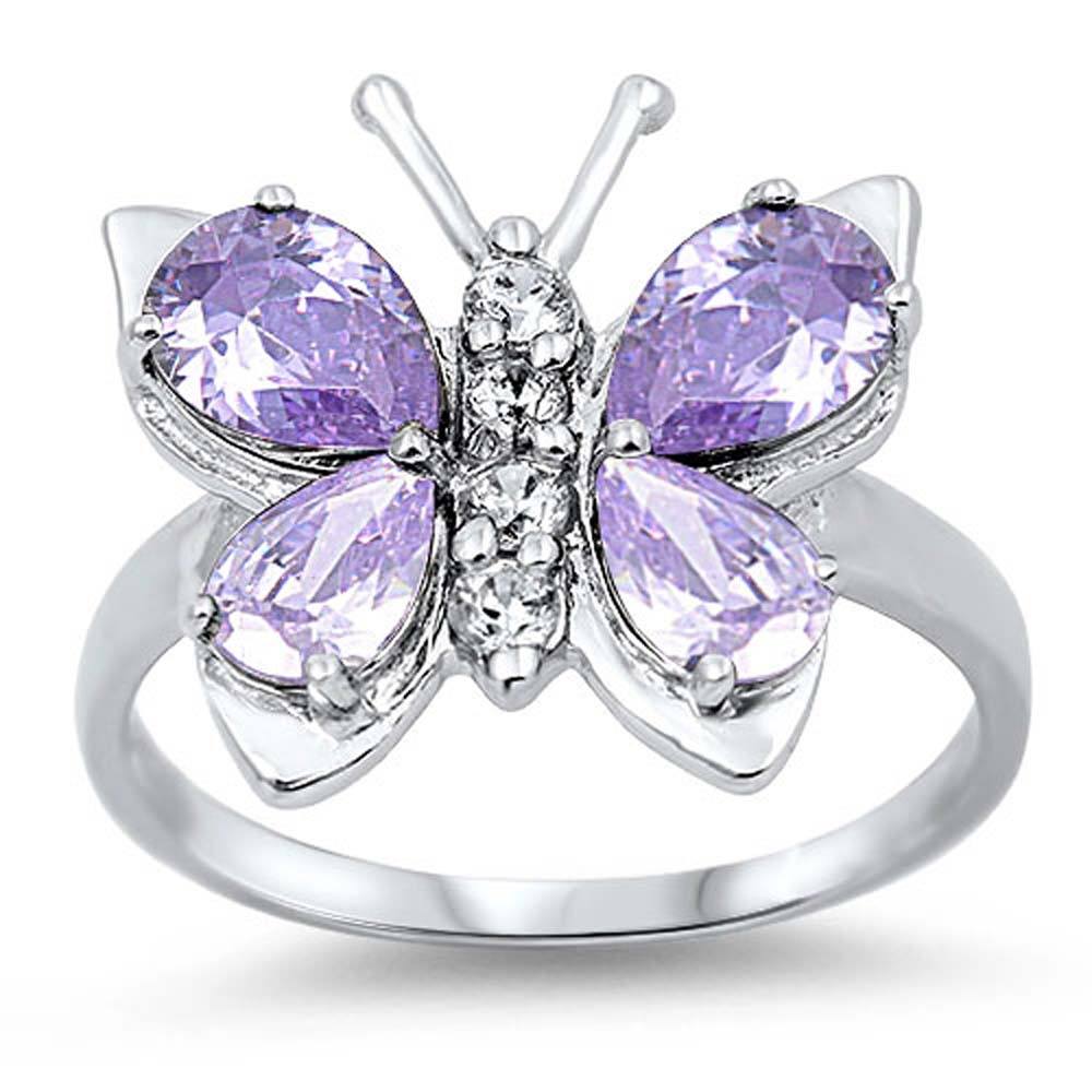 Sterling Silver Lavender Butterfly Shaped Clear CZ Ring, Face Height 7mm