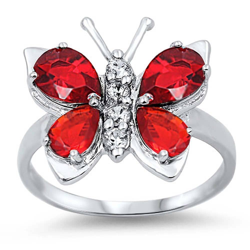 Sterling Silver Ruby Butterfly Shaped Clear CZ Ring, Face Height 7mm