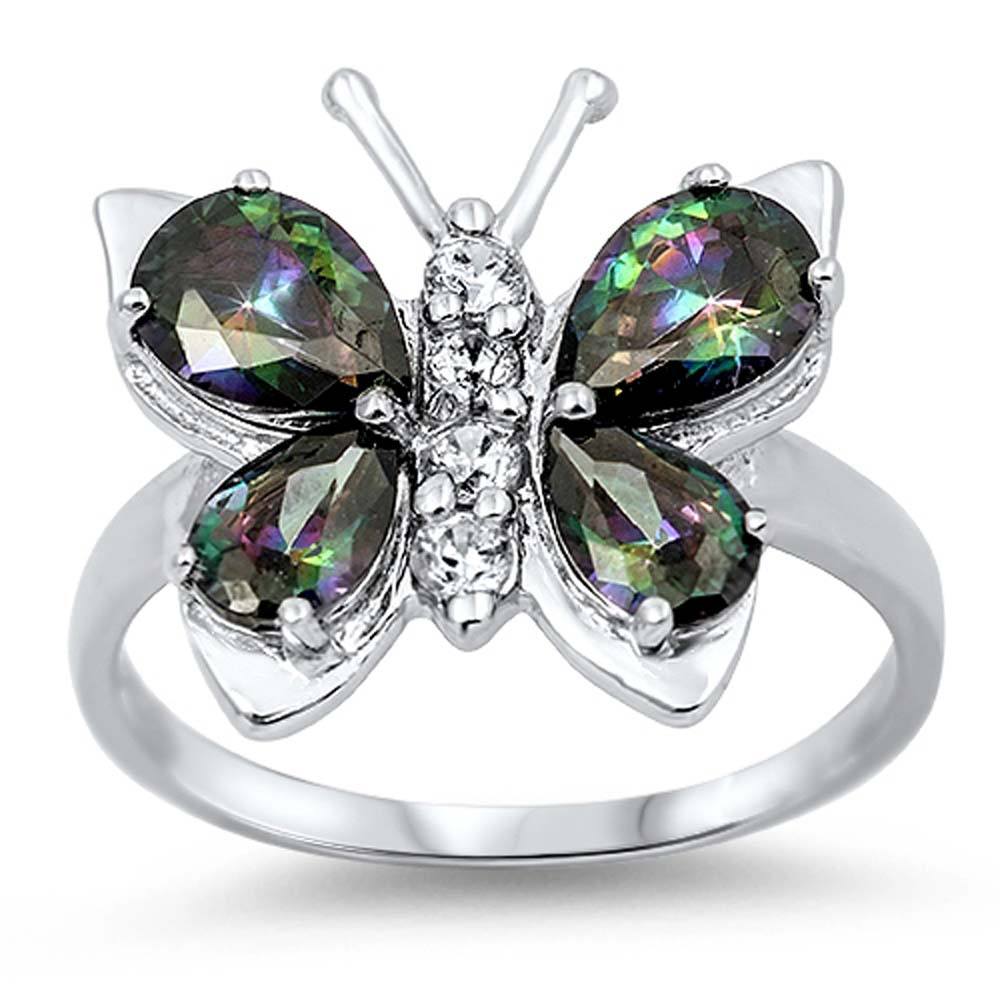 Sterling Silver Fancy Butterfly Ring with Pear Cut Rainbow Topaz On Prong Setting, Face Height of 7MM