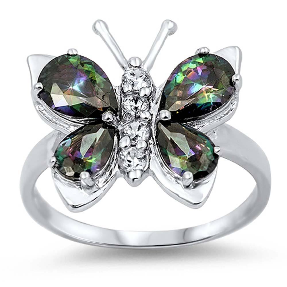Sterling Silver Fancy Butterfly Ring with Pear Cut Rainbow Topaz Simulated Diamonds On Prong SettingAnd Face Height of 7MM