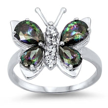 Load image into Gallery viewer, Sterling Silver Fancy Butterfly Ring with Pear Cut Rainbow Topaz Simulated Diamonds On Prong SettingAnd Face Height of 7MM