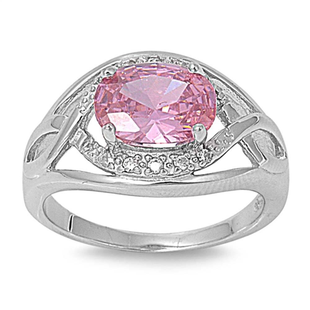 Sterling Silver Infinity Pink Oval Shaped Clear CZ RingAnd Face Height 9mmAnd Band Width 2mm