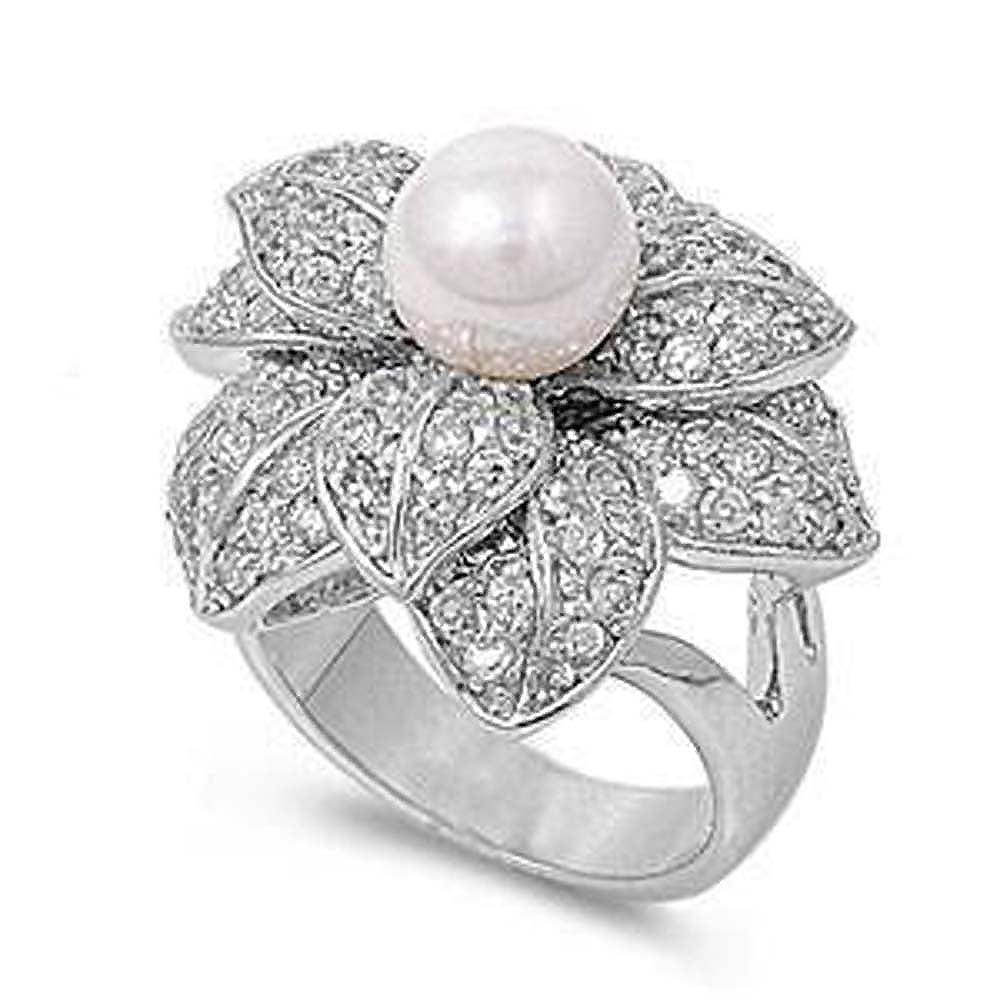 Sterling Silver Flower Shaped Clear CZ Rings With White PearlAnd Face Height 17mmAnd Band Width 2mm