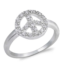 Load image into Gallery viewer, Sterling Silver Peace Sign Shaped Clear CZ RingAnd Face Height 11mmAnd Band Width 2mm
