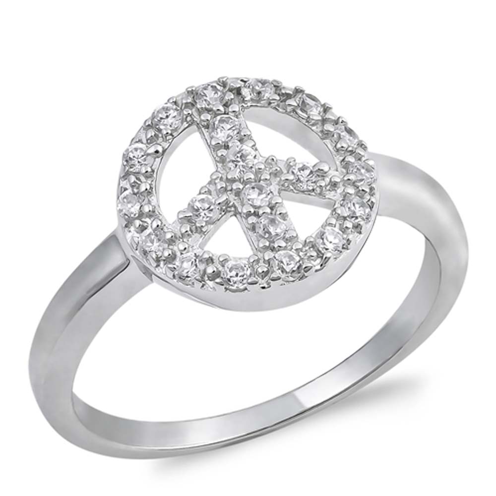Sterling Silver Peace Sign Shaped Clear CZ RingAnd Face Height 11mmAnd Band Width 2mm
