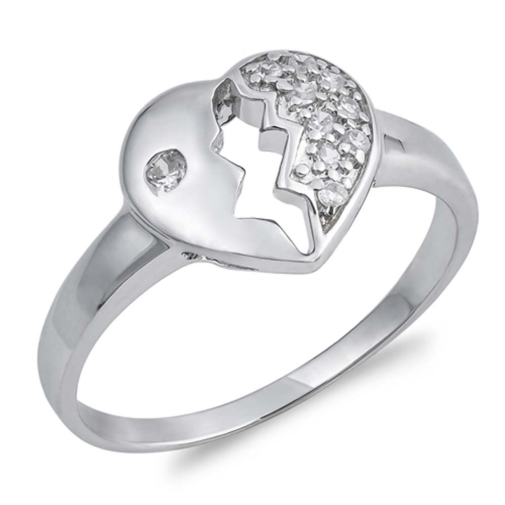 Sterling Silver Broken Heart Shaped Clear CZ RingAnd Face Height 14mmAnd Band Widh 3mm