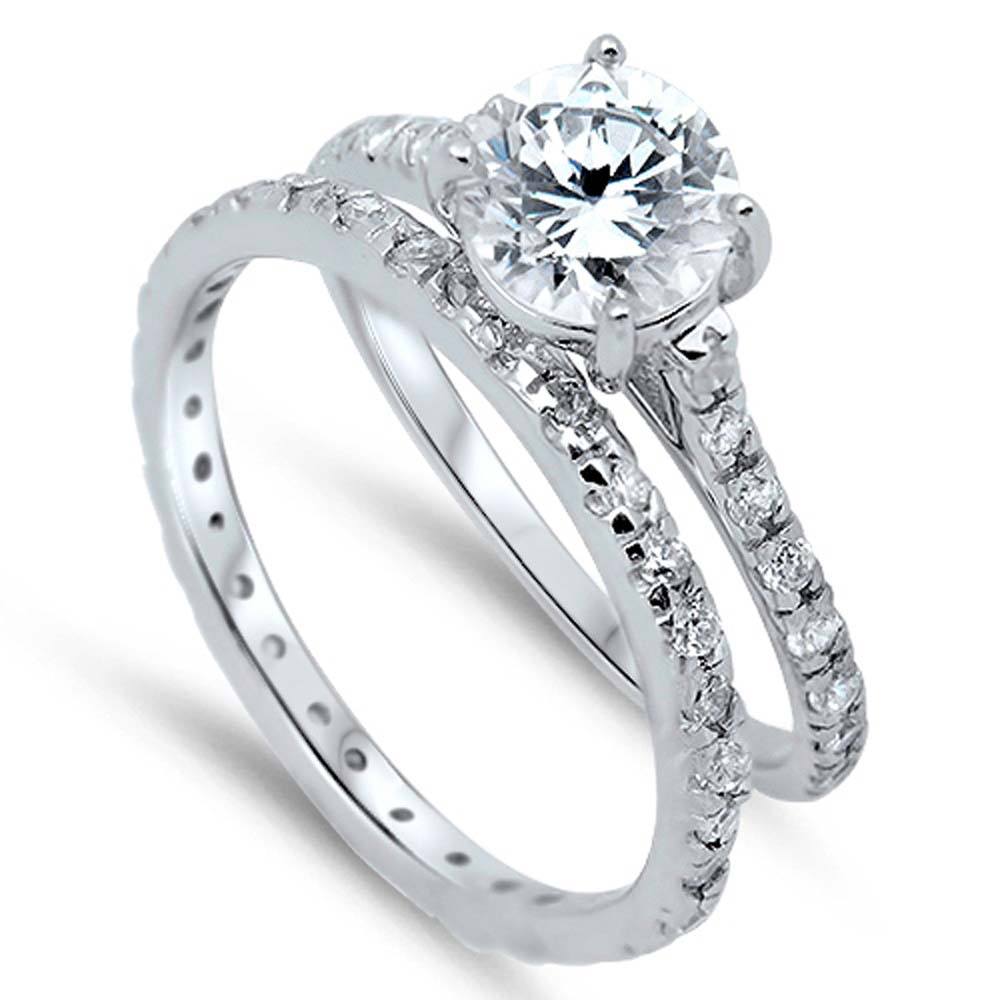 Sterling Silver Clear Round Simulated Diamond on Prong Setting Bridal Set with Classy Pave Half-Bezel Setting & Rhodium Finish