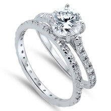 Load image into Gallery viewer, Sterling Silver Clear Round Simulated Diamond on Prong Setting Bridal Set with Classy Pave Half-Bezel Setting &amp; Rhodium Finish