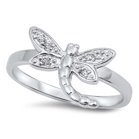Sterling Silver Dragonfly Shaped Clear CZ RingAnd Face Height 12mmAnd Band Width 2mm
