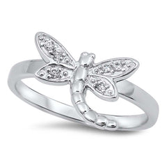 Sterling Silver Dragonfly Shaped Clear CZ RingAnd Face Height 12mmAnd Band Width 2mm