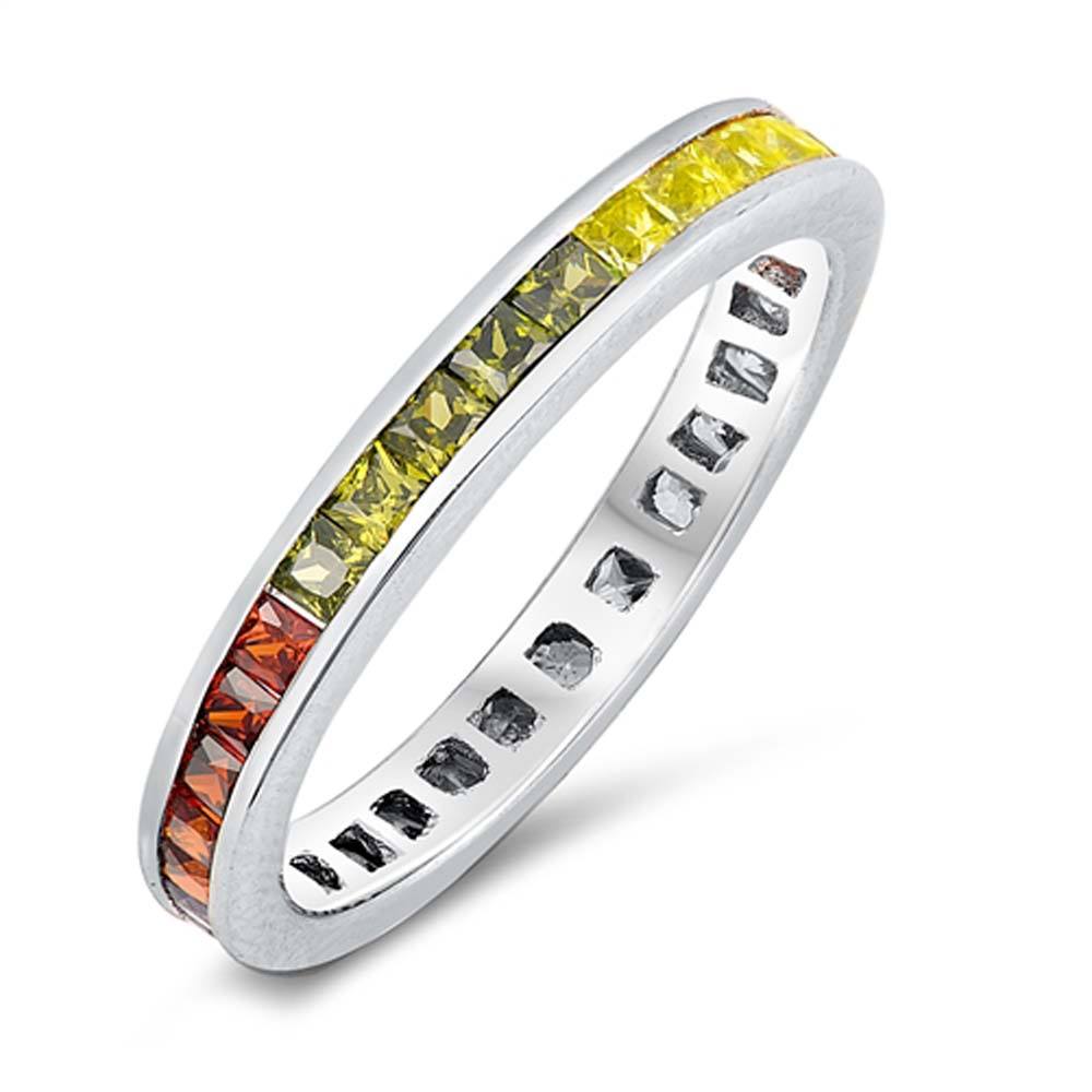 Sterling Silver Classy Eternity Single Band Ring with Multicolor Princess Cut CZ on Channel Setting with Rhodium Finish, Band Width 4MM