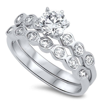 Sterling Silver Circle Shaped Cubic Zirconia Wedding RingAnd Width Of 2 Bands 6mm