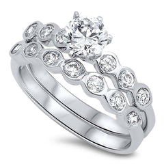 Sterling Silver Circle Shaped Cubic Zirconia Wedding RingAnd Width Of 2 Bands 6mm