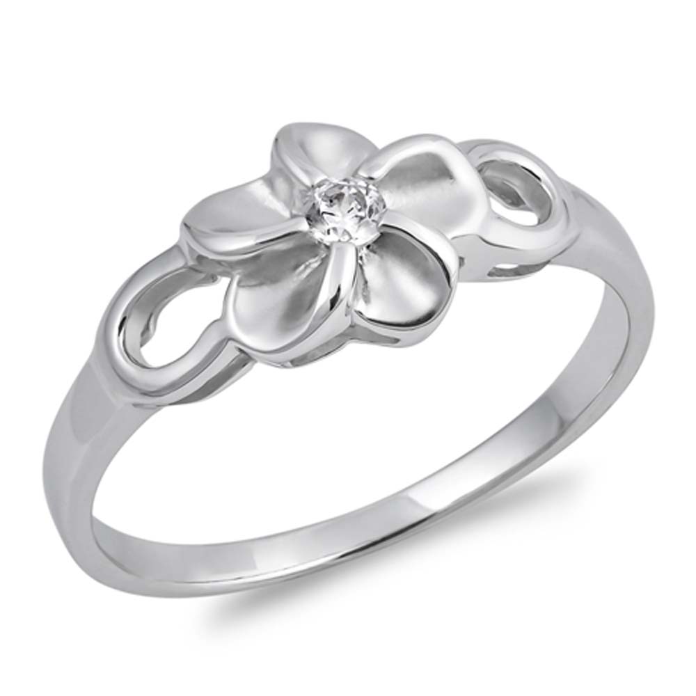 Sterling Silver Plumeria Shaped Clear CZ RingAnd Face Height 7mmAnd Band Width 2mm