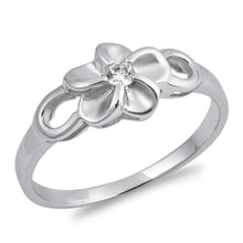 Load image into Gallery viewer, Sterling Silver Plumeria Shaped Clear CZ RingAnd Face Height 7mmAnd Band Width 2mm