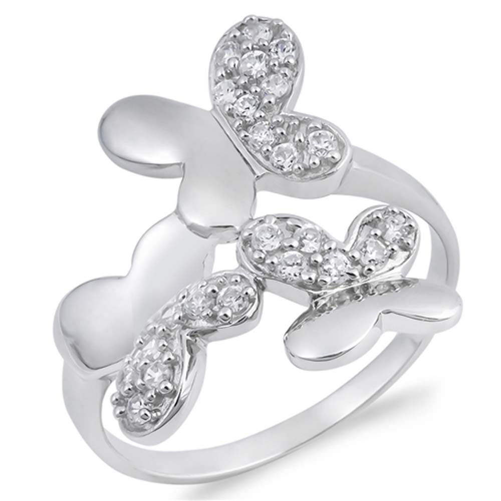 Sterling Silver Butterflies Shaped Clear CZ RingAnd Face Height 22mmAnd Band Width 2mm