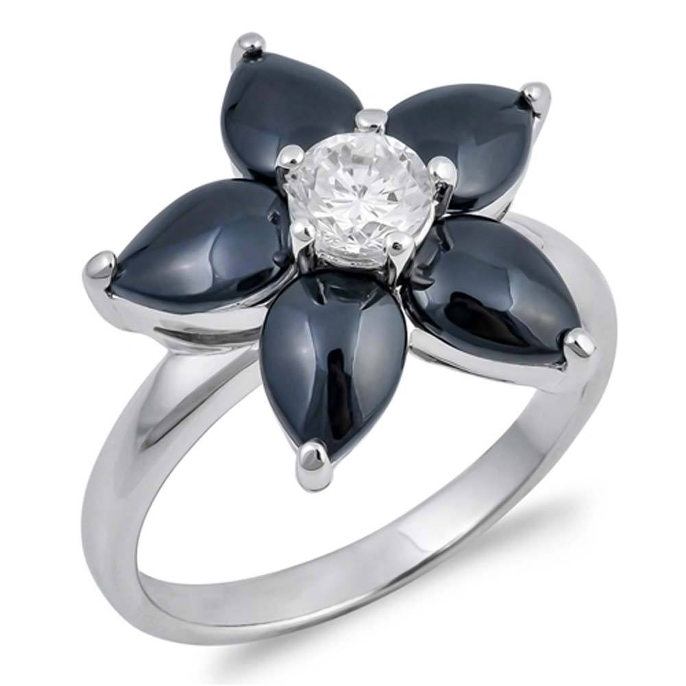 Sterling Silver Black Plumeria With Clear CZ RingAnd Face Height 17mmAnd Band Width 2mm