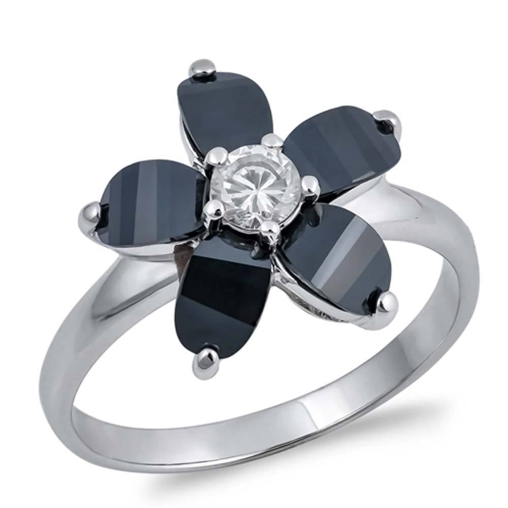 Sterling Silver Black Plumeria With Clear CZ RingAnd Face Height 14mmAnd Band Width 3mm